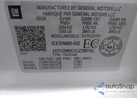 2018 GMC Sierra 1500 Sle z USA, uszkodzony, nr VIN 1GTV2MECXJZ288701